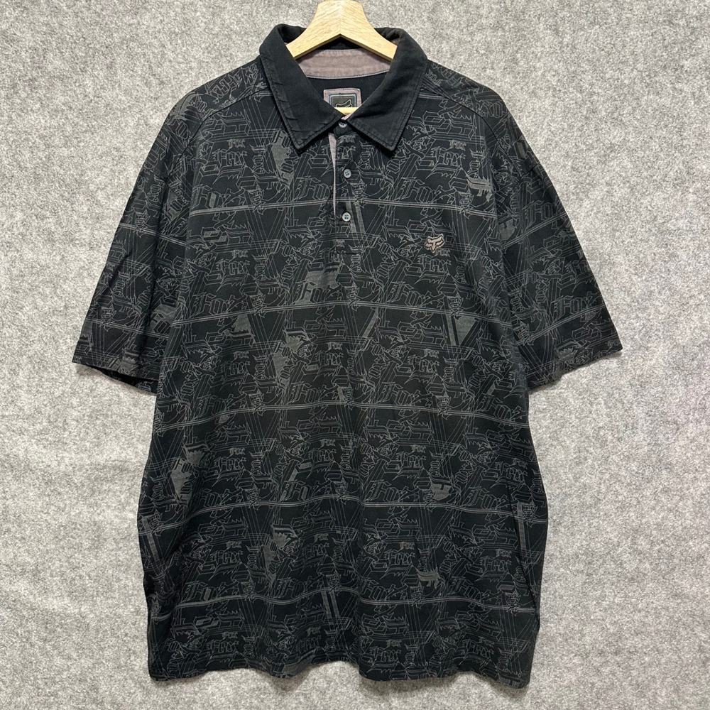 Y2K Fox Polo Shirt Mens XXL Black‎ Logo All Over Print Short Sleeve Racing Moto